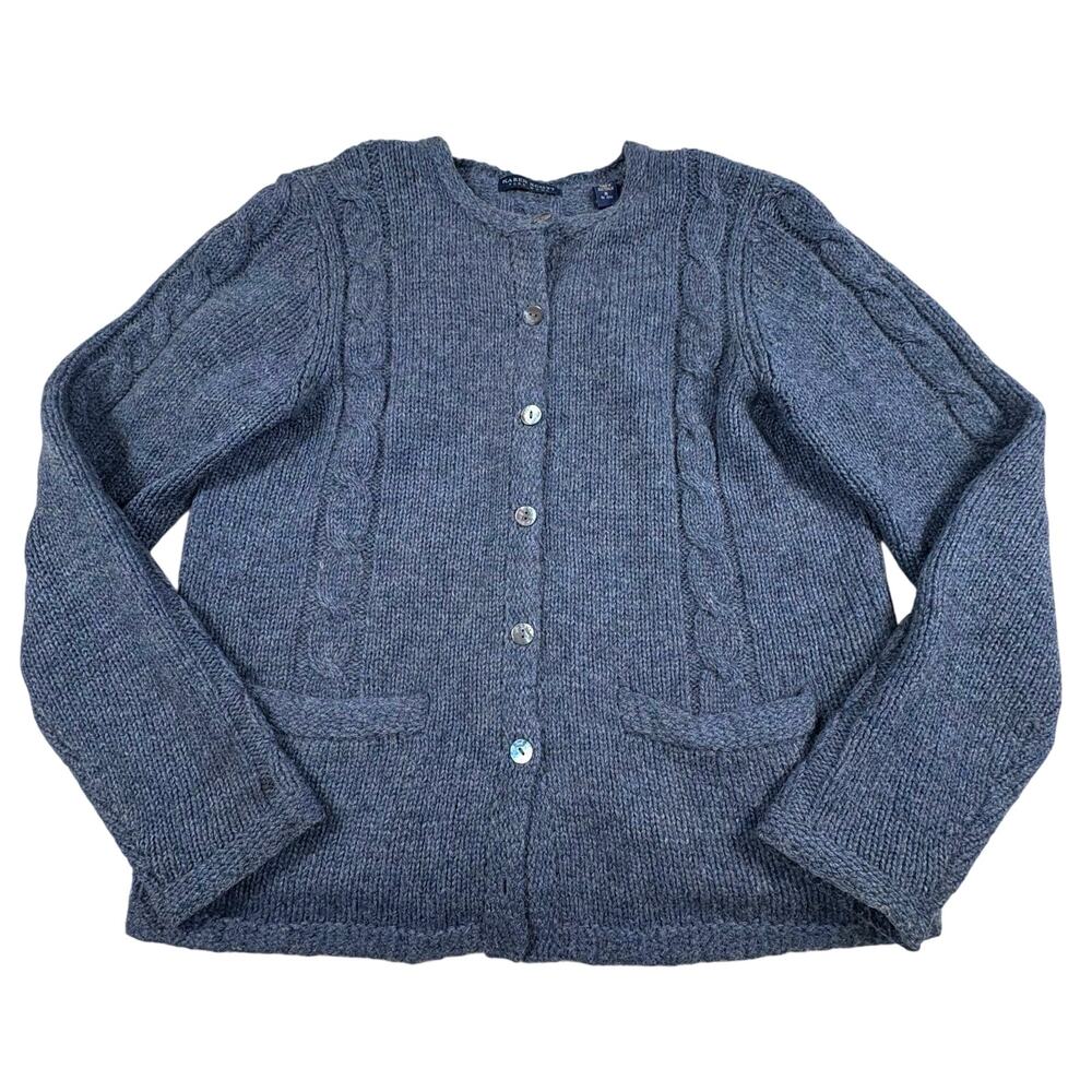 Karen Scott Vintage 100% Wool Cable Knit Cardigan Sweater Women's M Blue